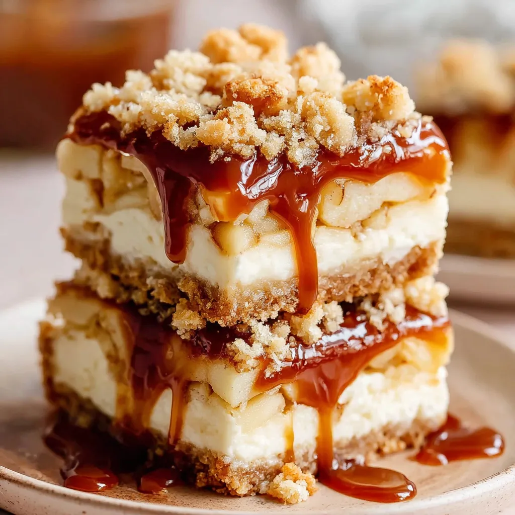 A stack of caramel apple cheesecake bars.