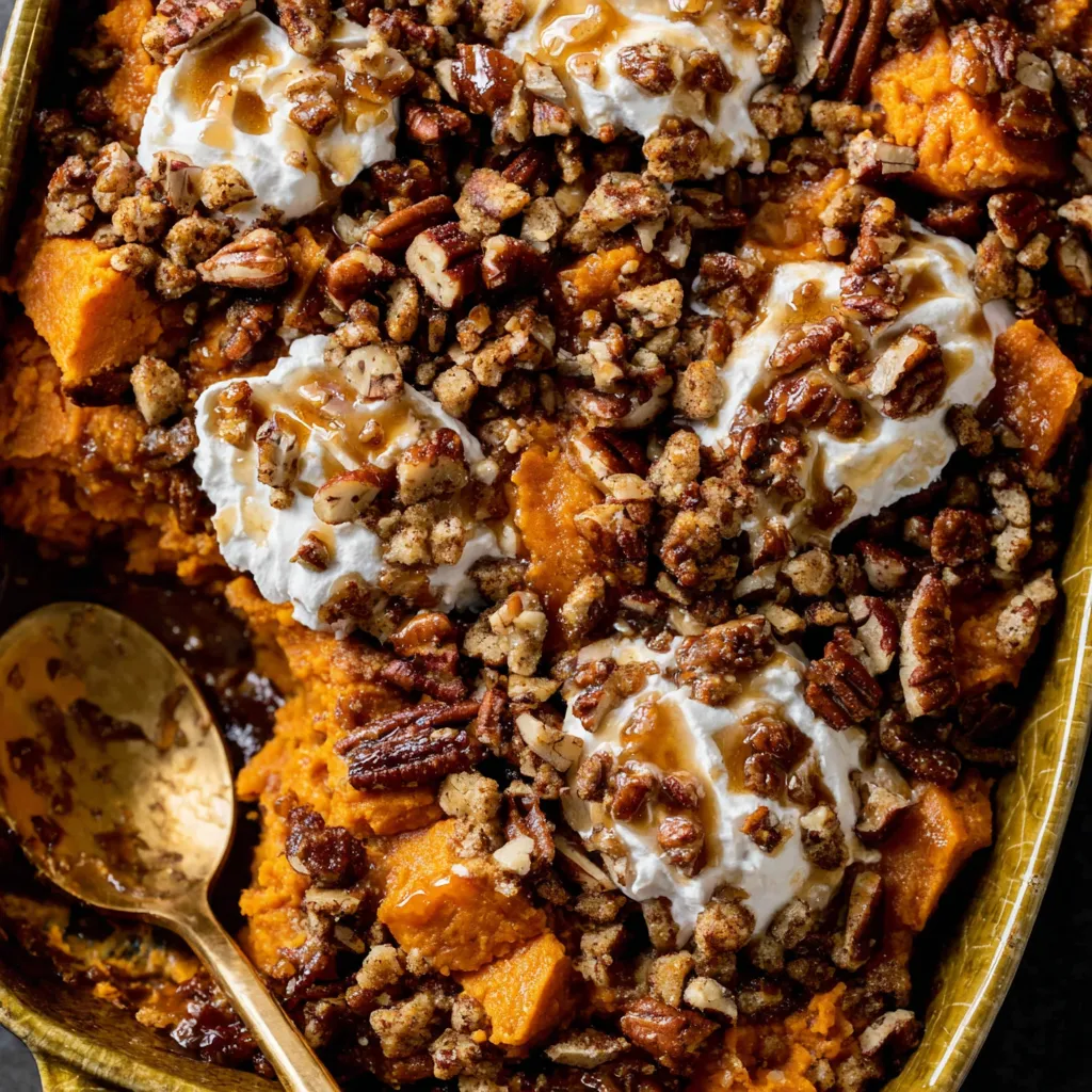 A close up of a delicious Southern Maple Sweet Potato Casserole.