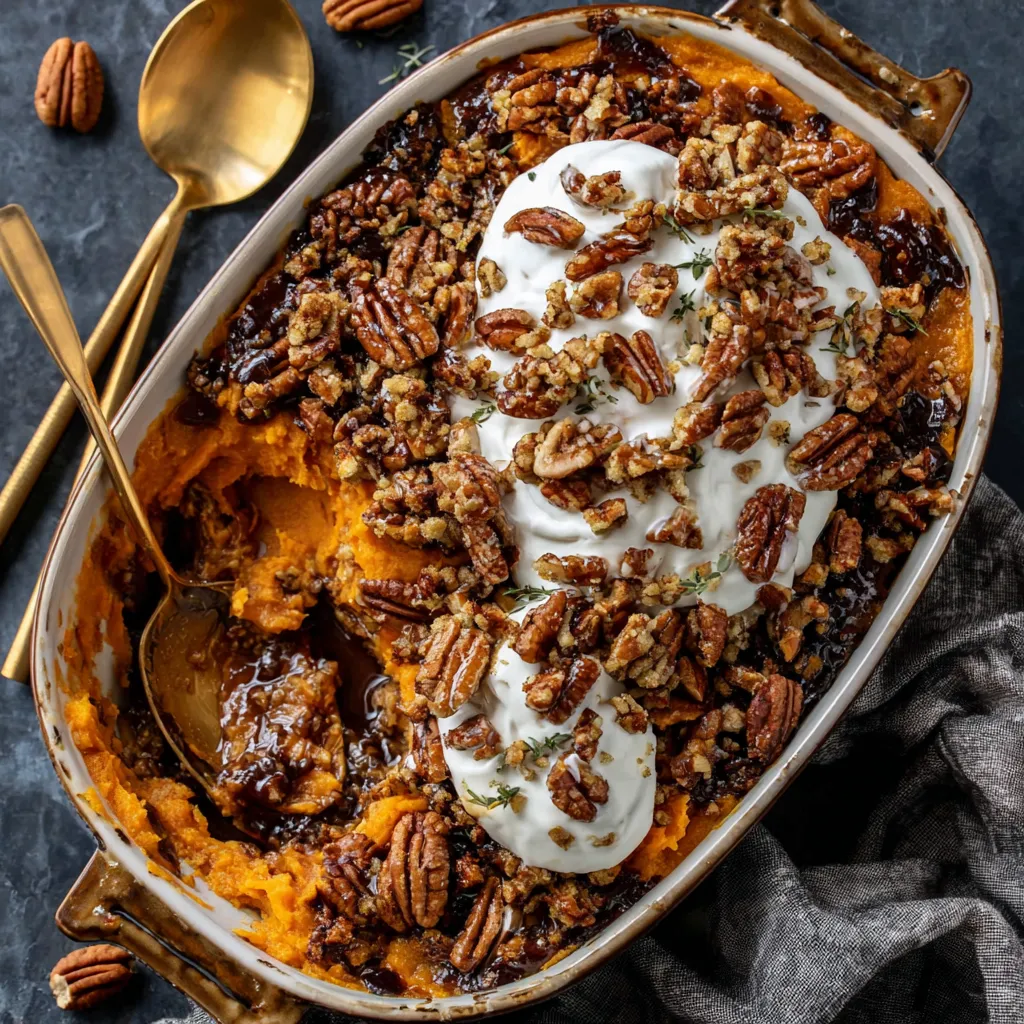 A bowl of Southern Maple Sweet Potato Casserole.
