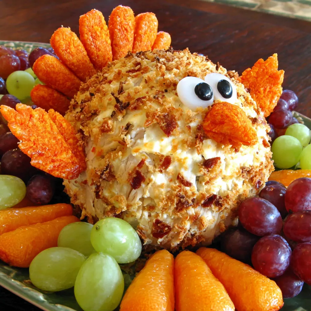 A cheese ball shaped like a turkey.