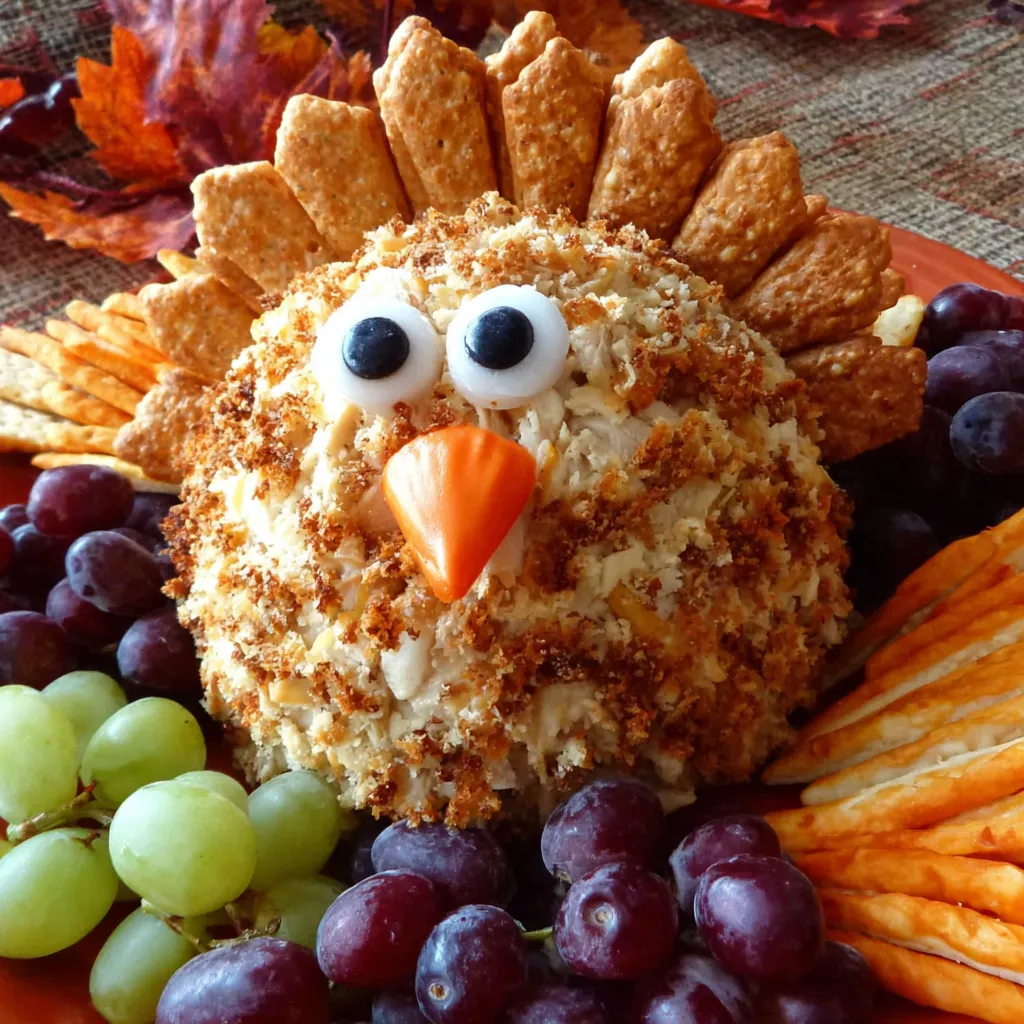 A cheese ball shaped like a turkey is on a plate with grapes.