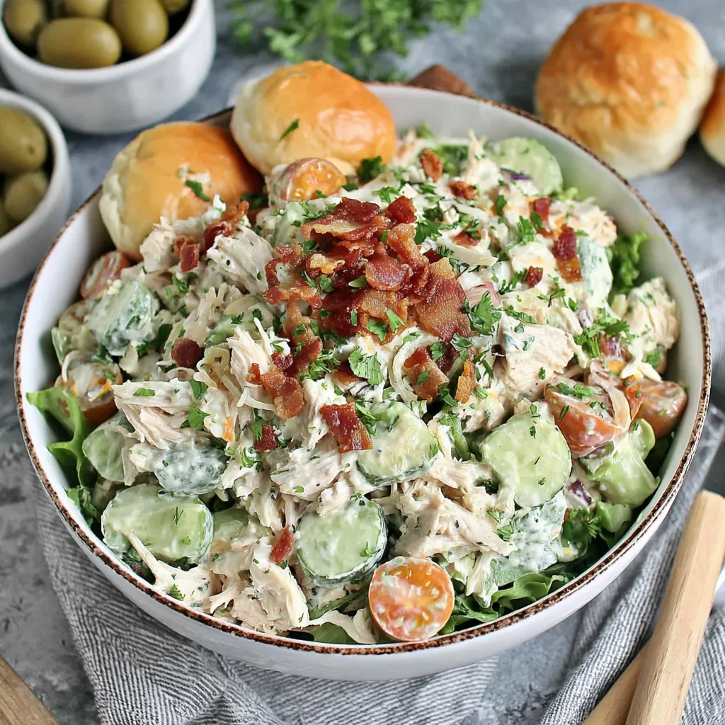 A bowl of chicken salad with bacon and tomatoes.