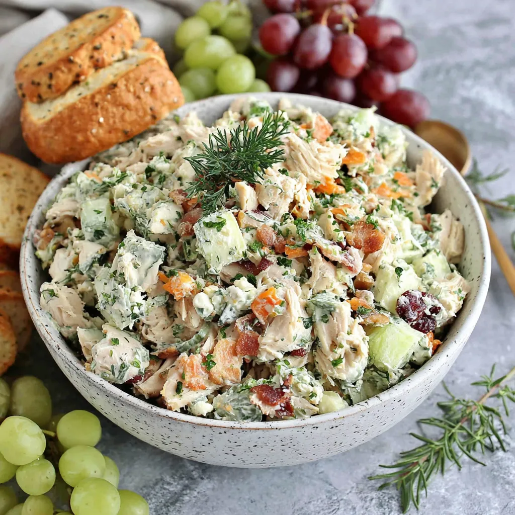 A bowl of chicken salad with grapes and bread.