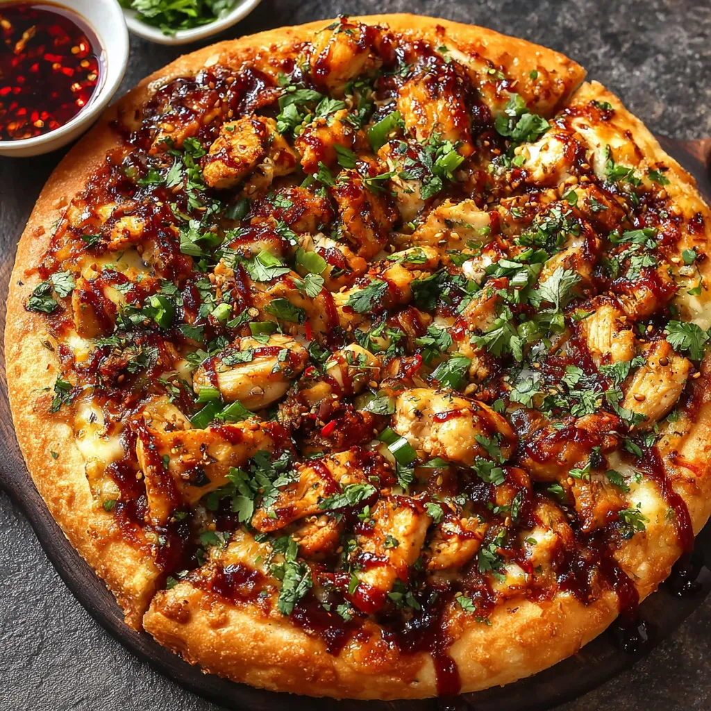 A pizza with chicken and vegetables on it.