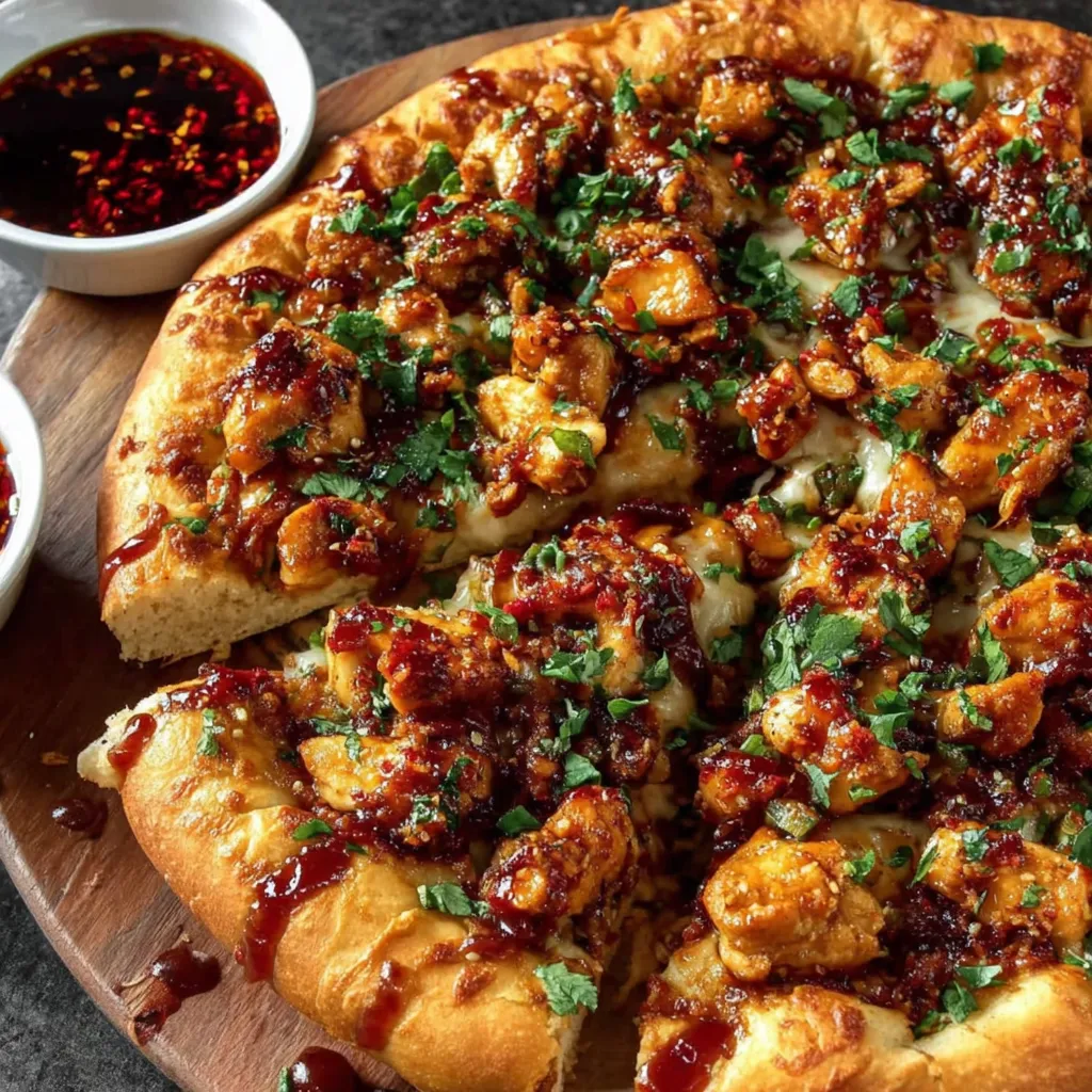 A pizza with chicken and garlic on it.