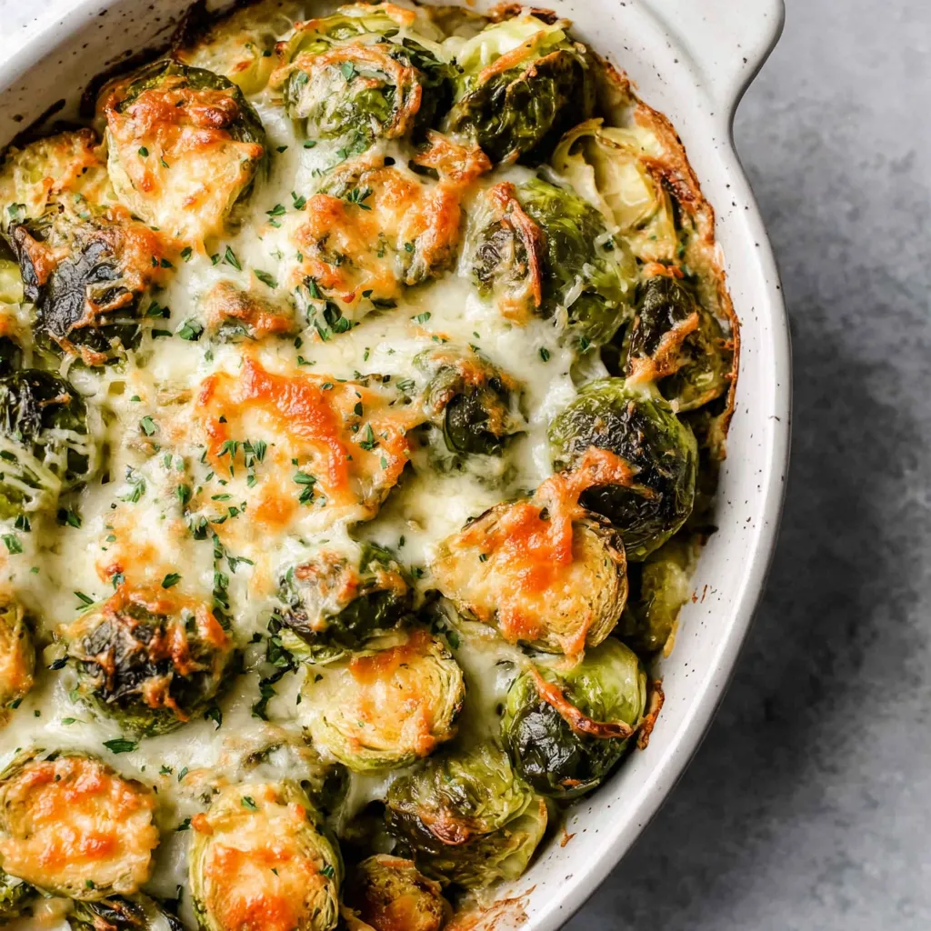 A dish of creamy Brussels sprouts au gratin.