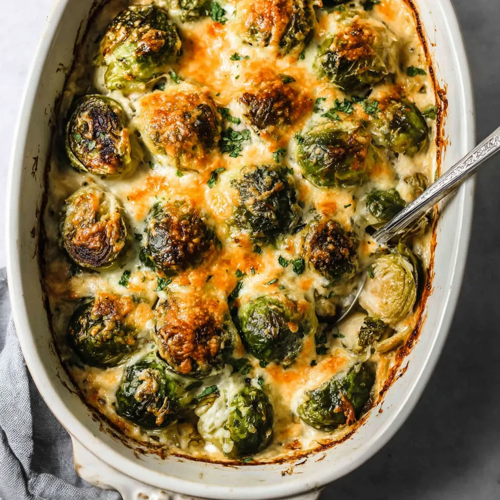 A dish of creamy Brussels sprouts au gratin.