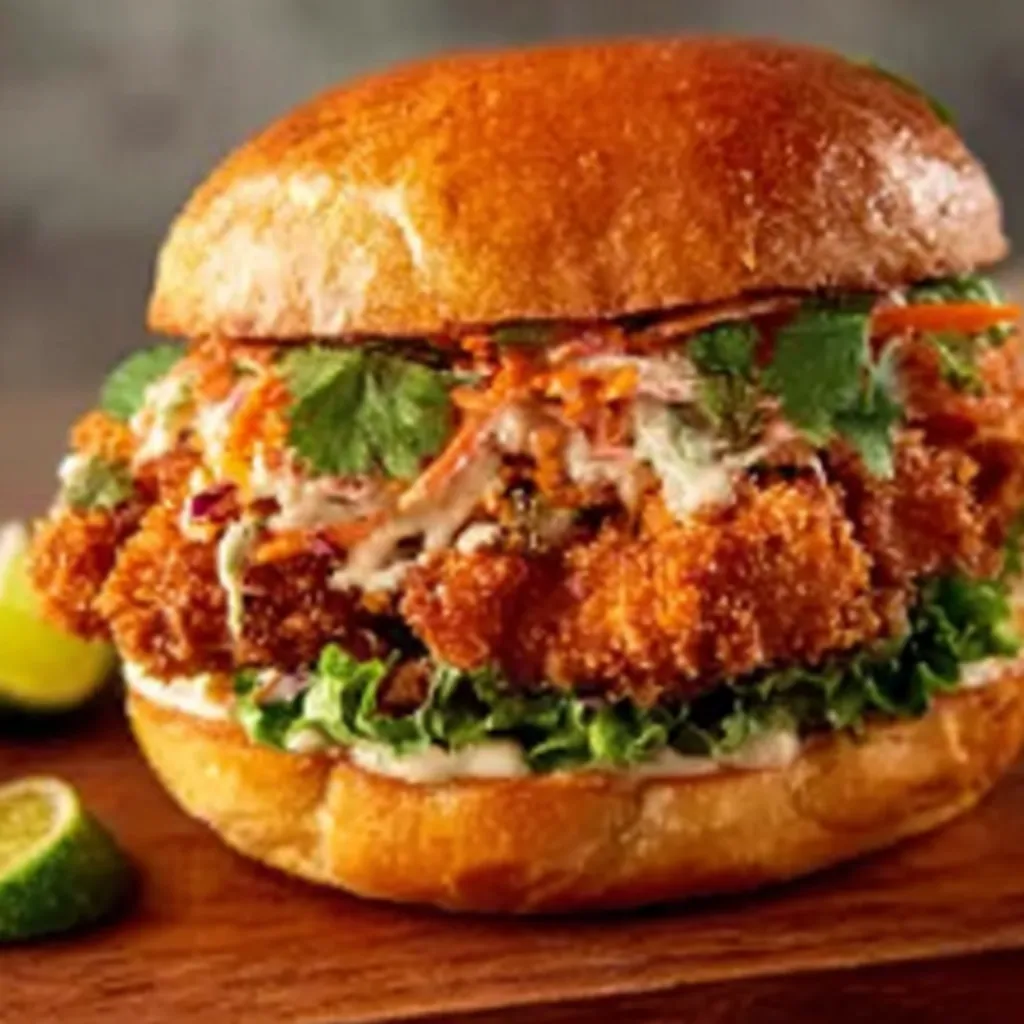 A sandwich with lettuce, carrots, and cilantro.