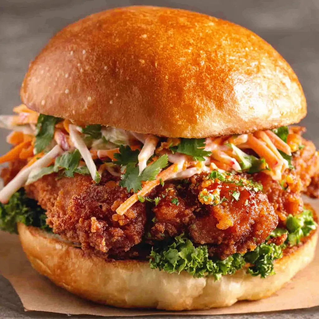 A Thai fried chicken sandwich with lettuce and carrots.