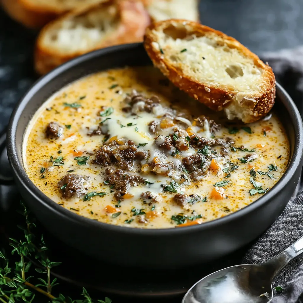 A bowl of creamy Philly cheese steak soup with a spoon in it.