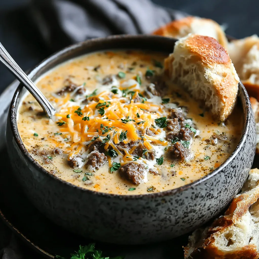 A bowl of creamy Philly cheese steak soup with a slice of bread on the side.