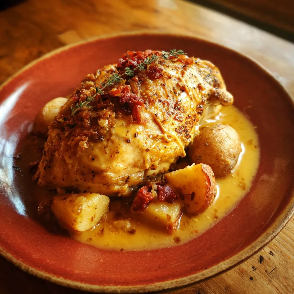 A plate of food with chicken and potatoes.