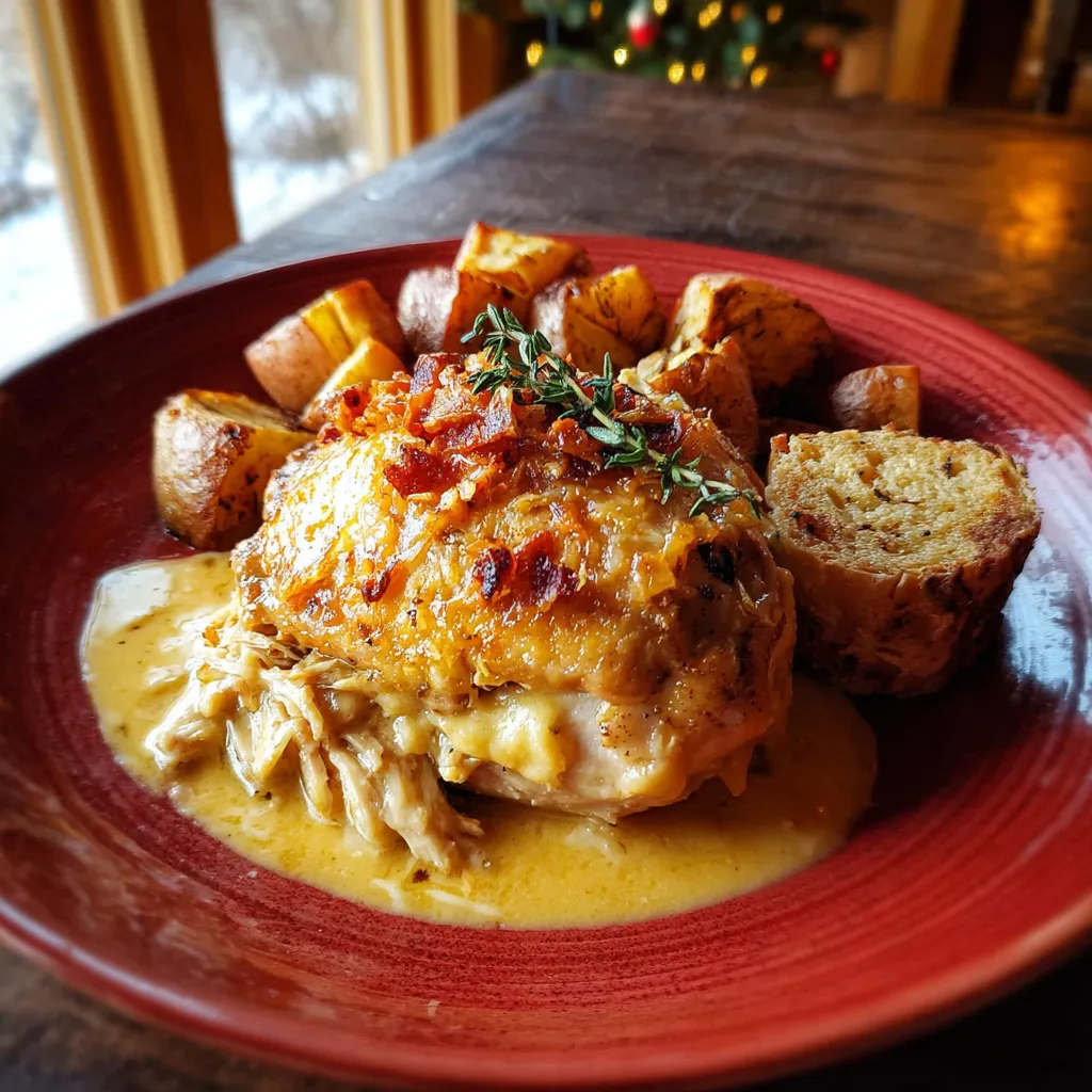 A plate of food with chicken and potatoes.