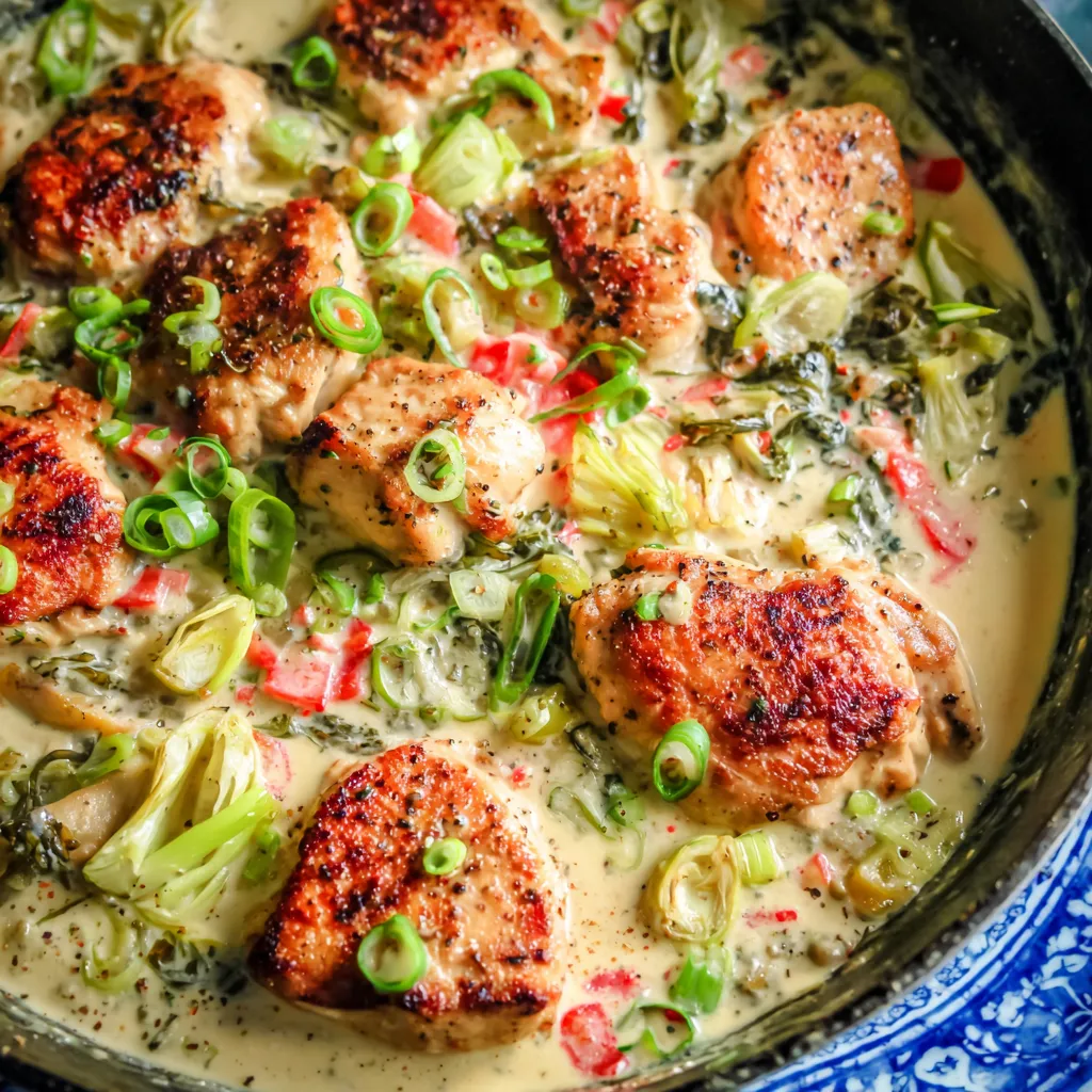 A skillet full of chicken and vegetables.