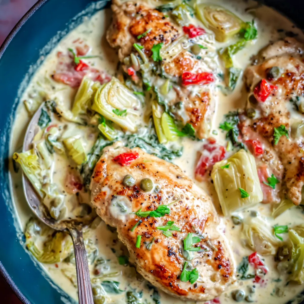 A skillet of chicken with peppers and herbs.
