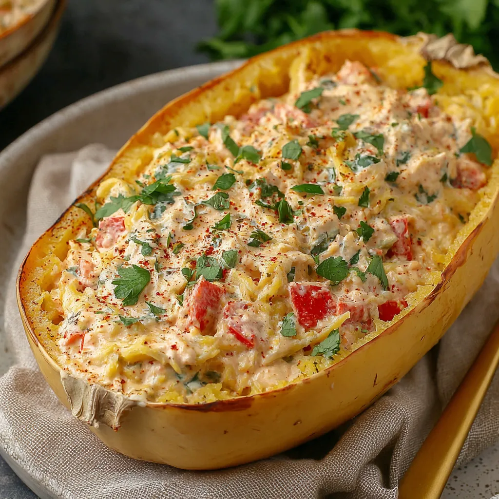 A baked spaghetti squash with a creamy sauce.