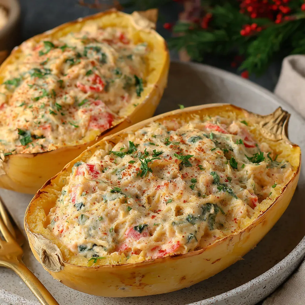 A dish of baked spaghetti squash with a creamy sauce.