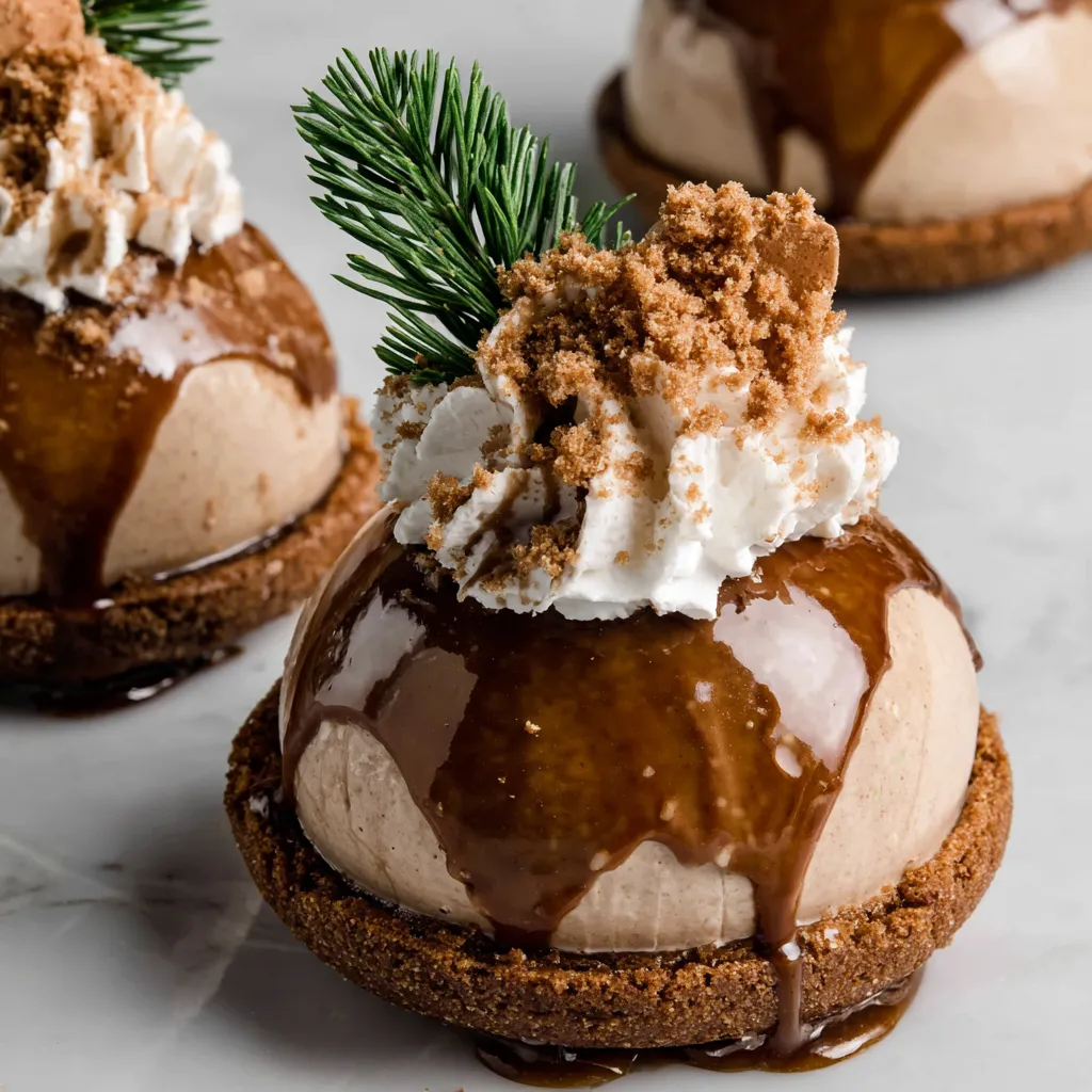 Gingerbread latte mousse domes with whipped cream.
