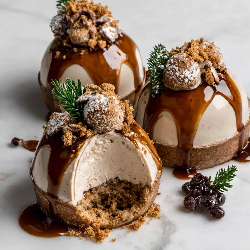 Three gingerbread mousse domes with chocolate sauce drizzled on top.