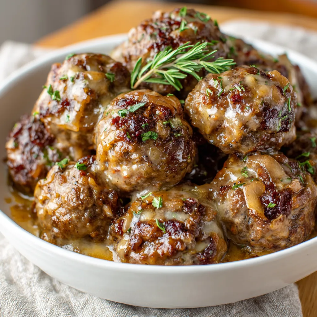 A bowl of meatballs with a green herb on top.
