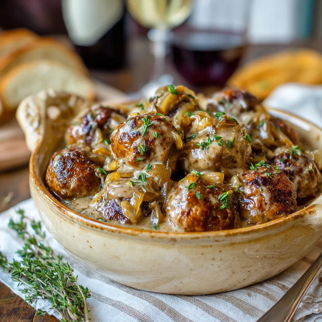 A bowl of meatballs with onions and cheese.