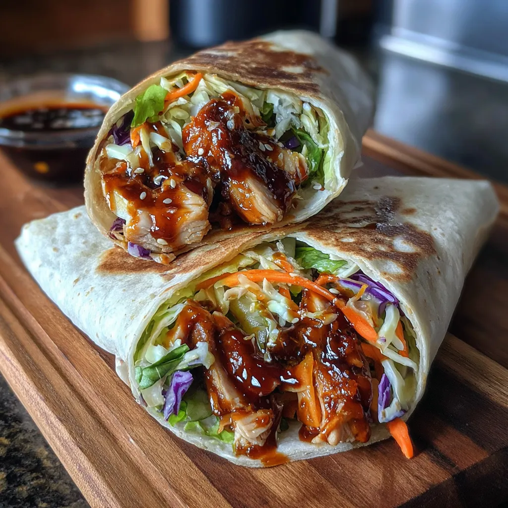 A teriyaki chicken wrap on a wooden cutting board.
