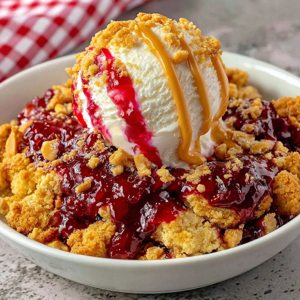 A bowl of peanut butter and jelly cobbler.