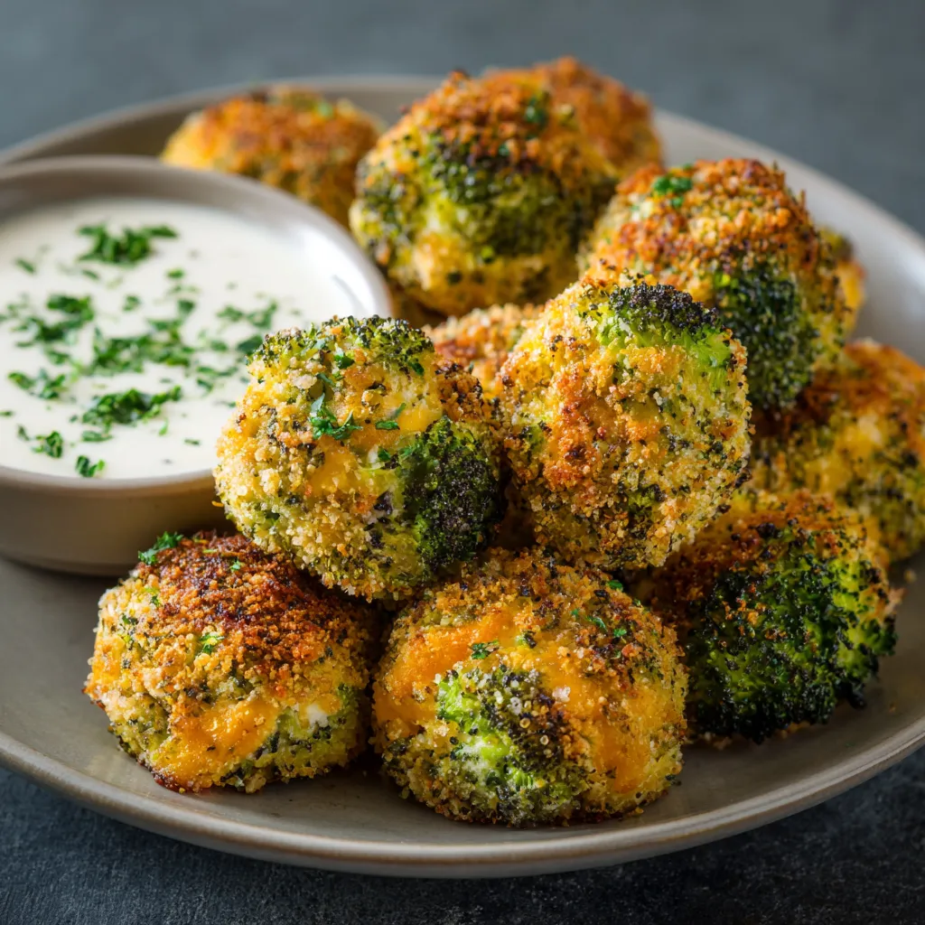 A plate of baked broccoli cheese balls.