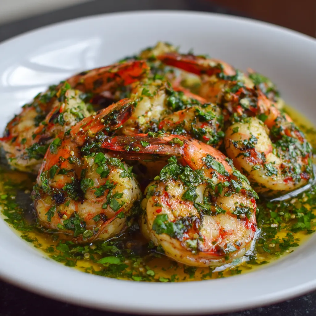 A plate of shrimp with a green sauce.