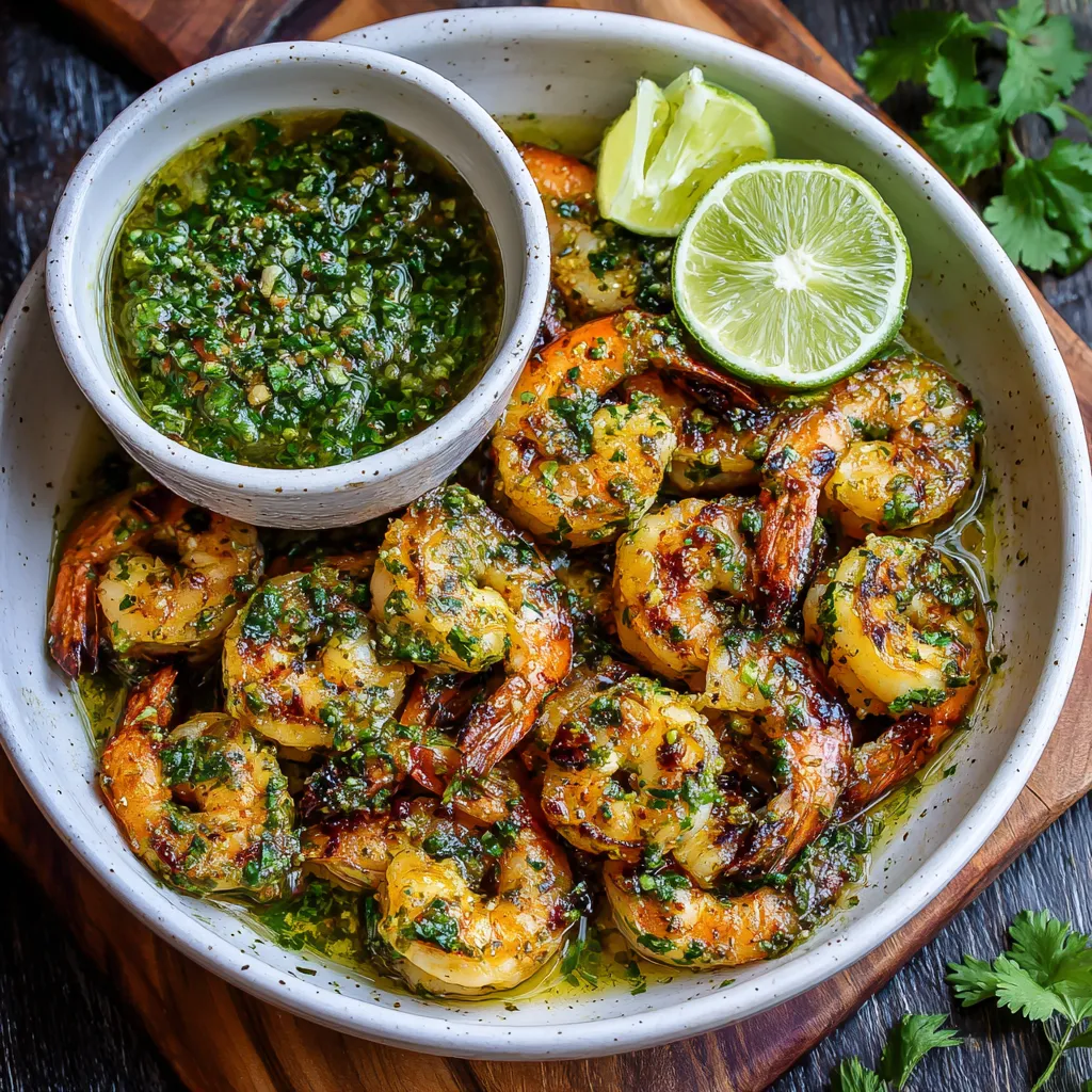 A bowl of pan seared shrimp with a green sauce.