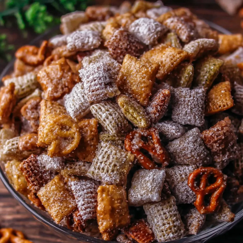 A bowl of caramel apple puppy chow.