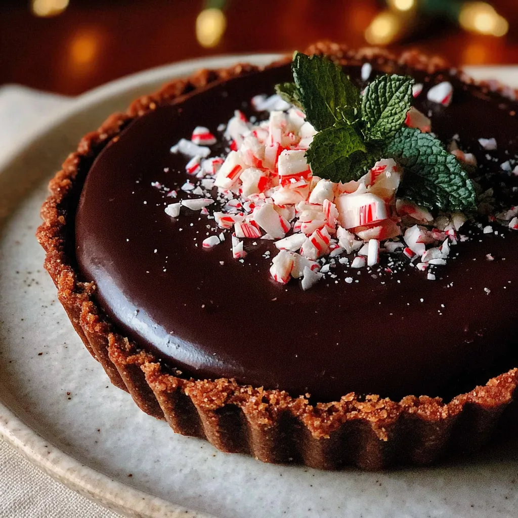 A slice of dark chocolate peppermint mousse tart.
