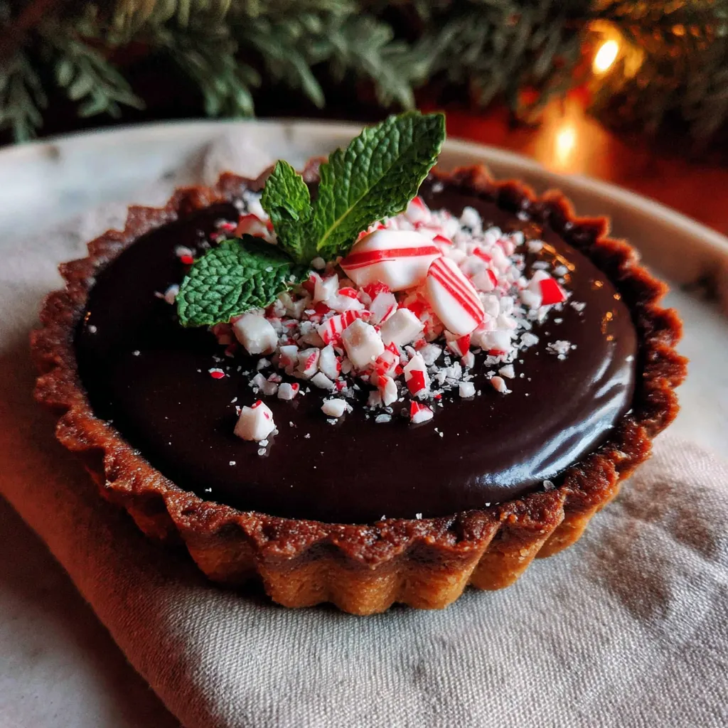 A close up of a dark chocolate peppermint mousse tart.