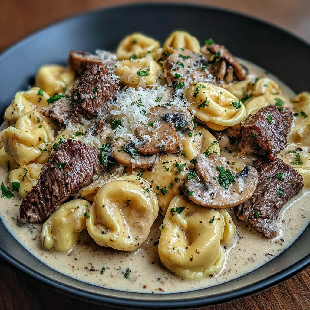 A plate of garlic steak tortellini.