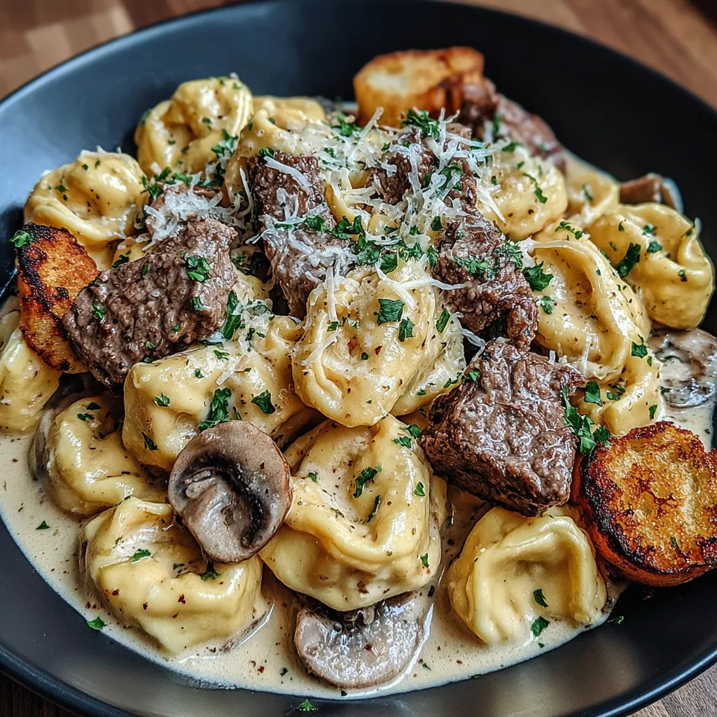 A plate of garlic steak tortellini.