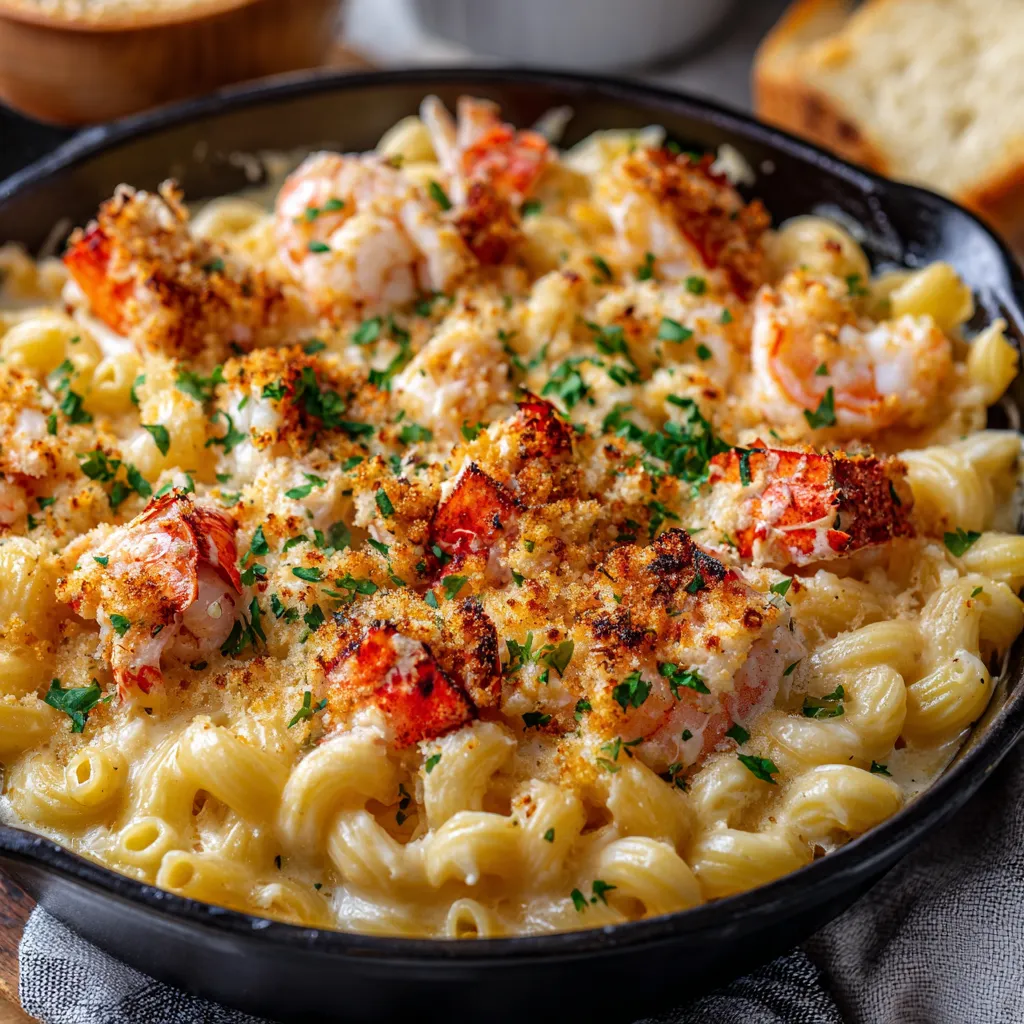 A bowl of macaroni and cheese with lobster, crab, and shrimp.