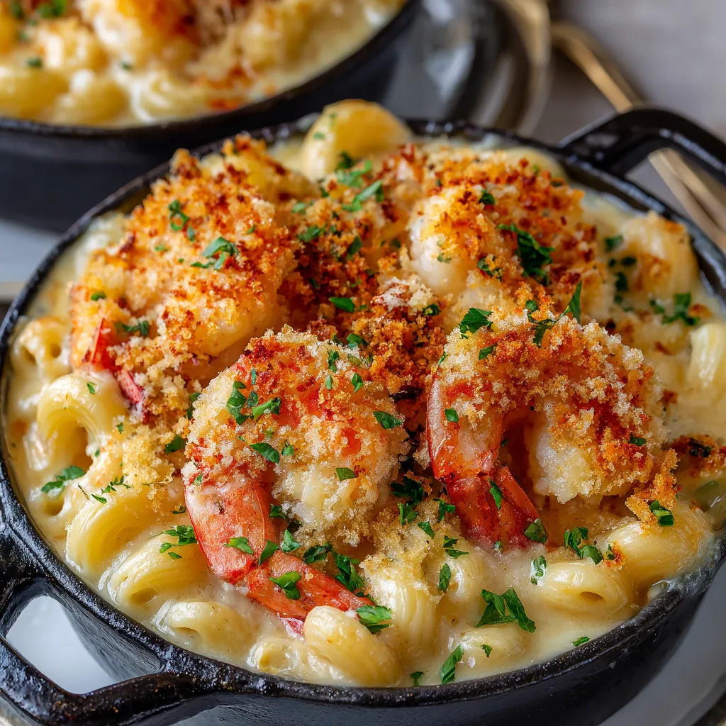 A bowl of macaroni and cheese with shrimp, crab, and lobster.