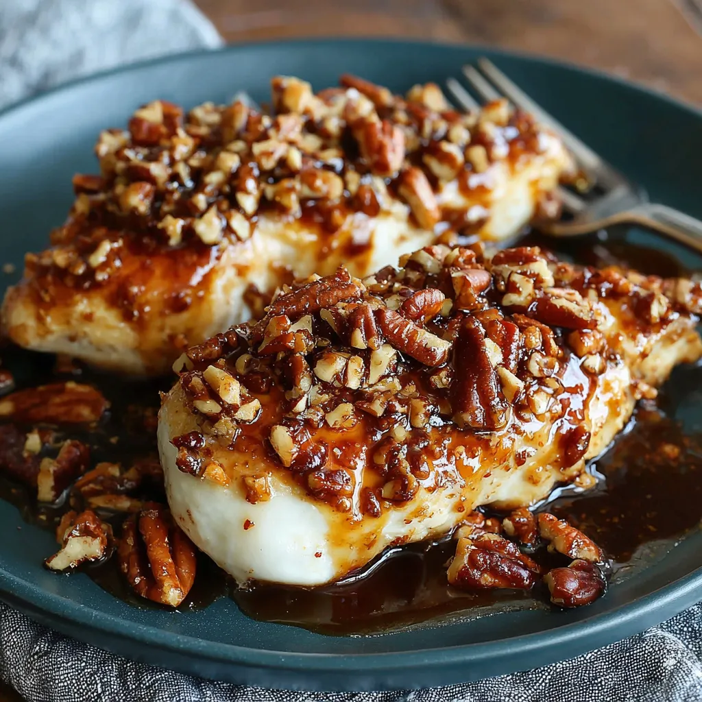 A plate of chicken covered in honey and pecans.