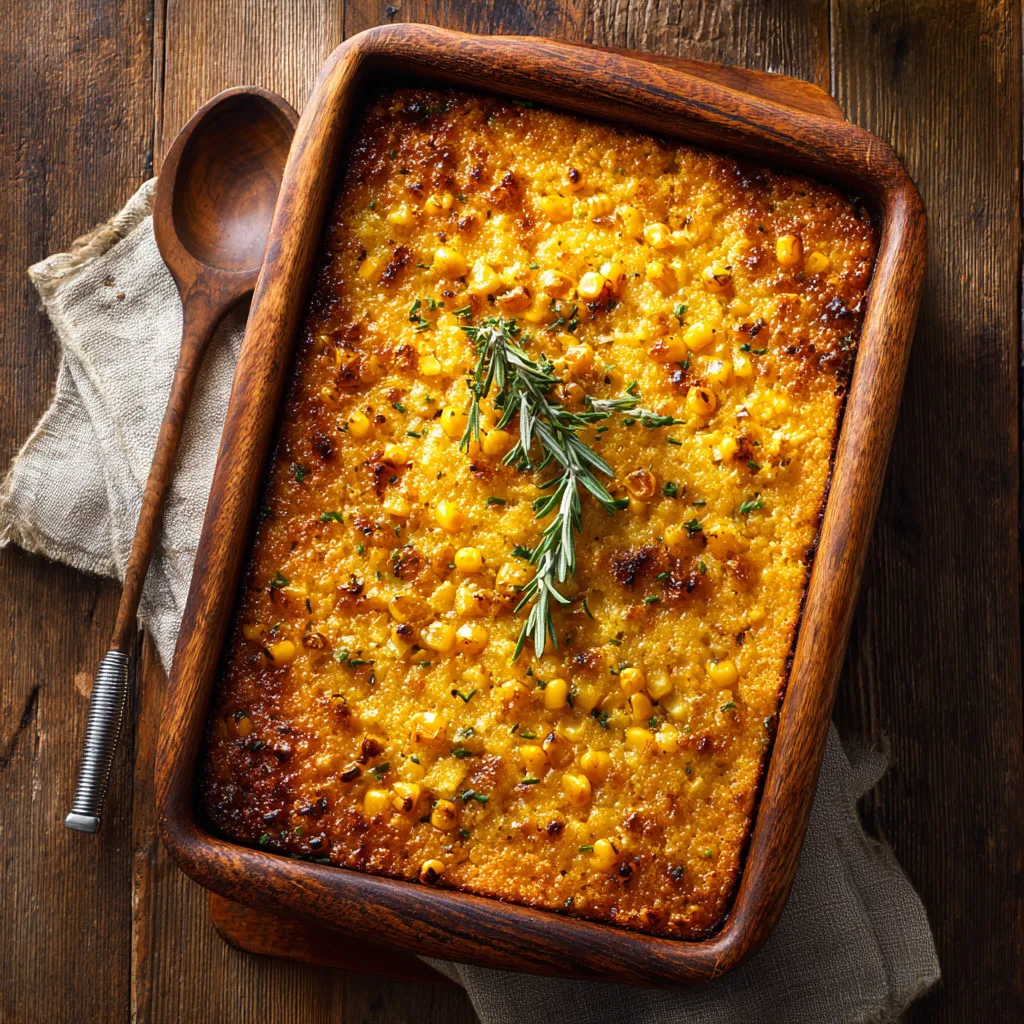 A wooden tray with a honey-glazed corn casserole.