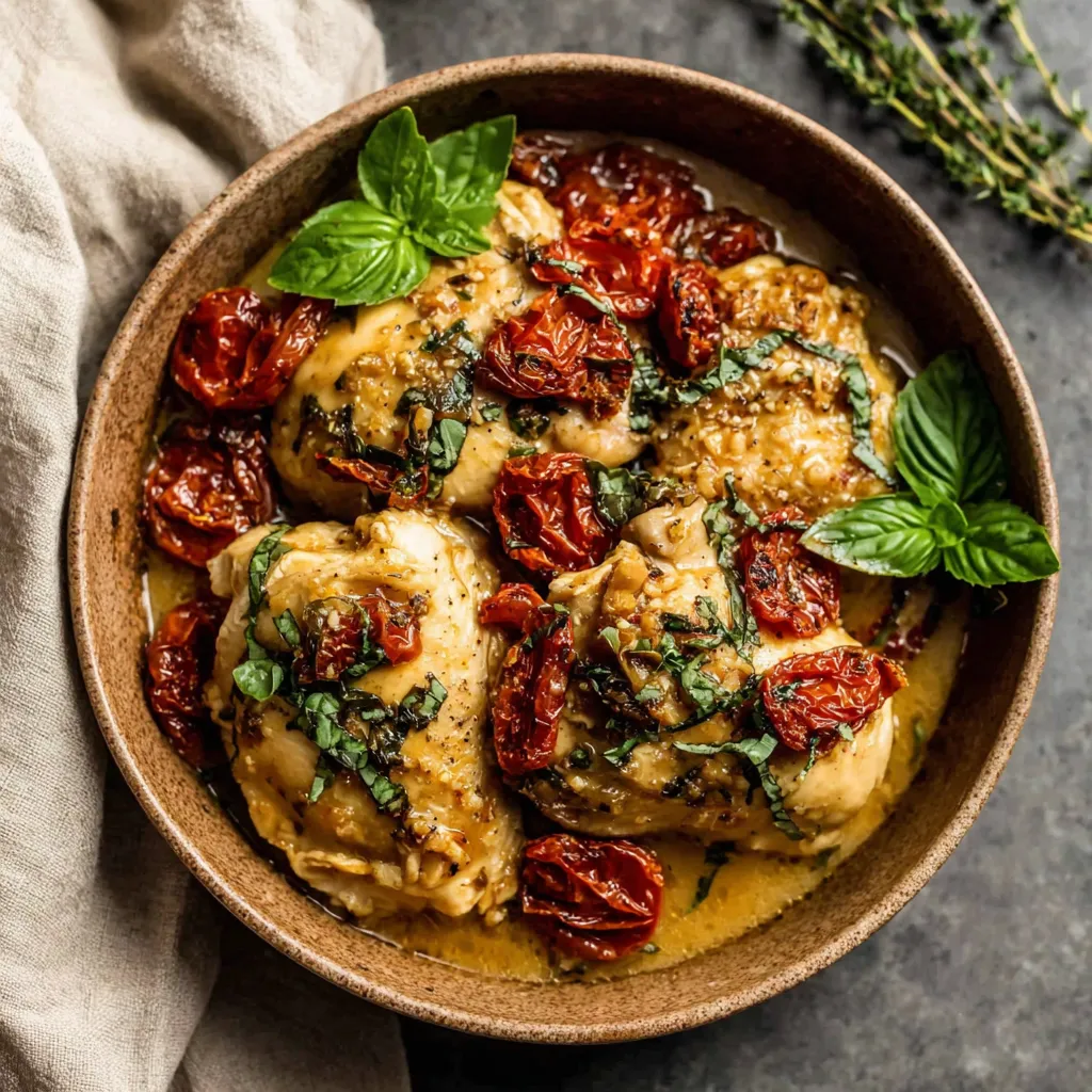 A bowl of chicken with tomatoes and herbs.