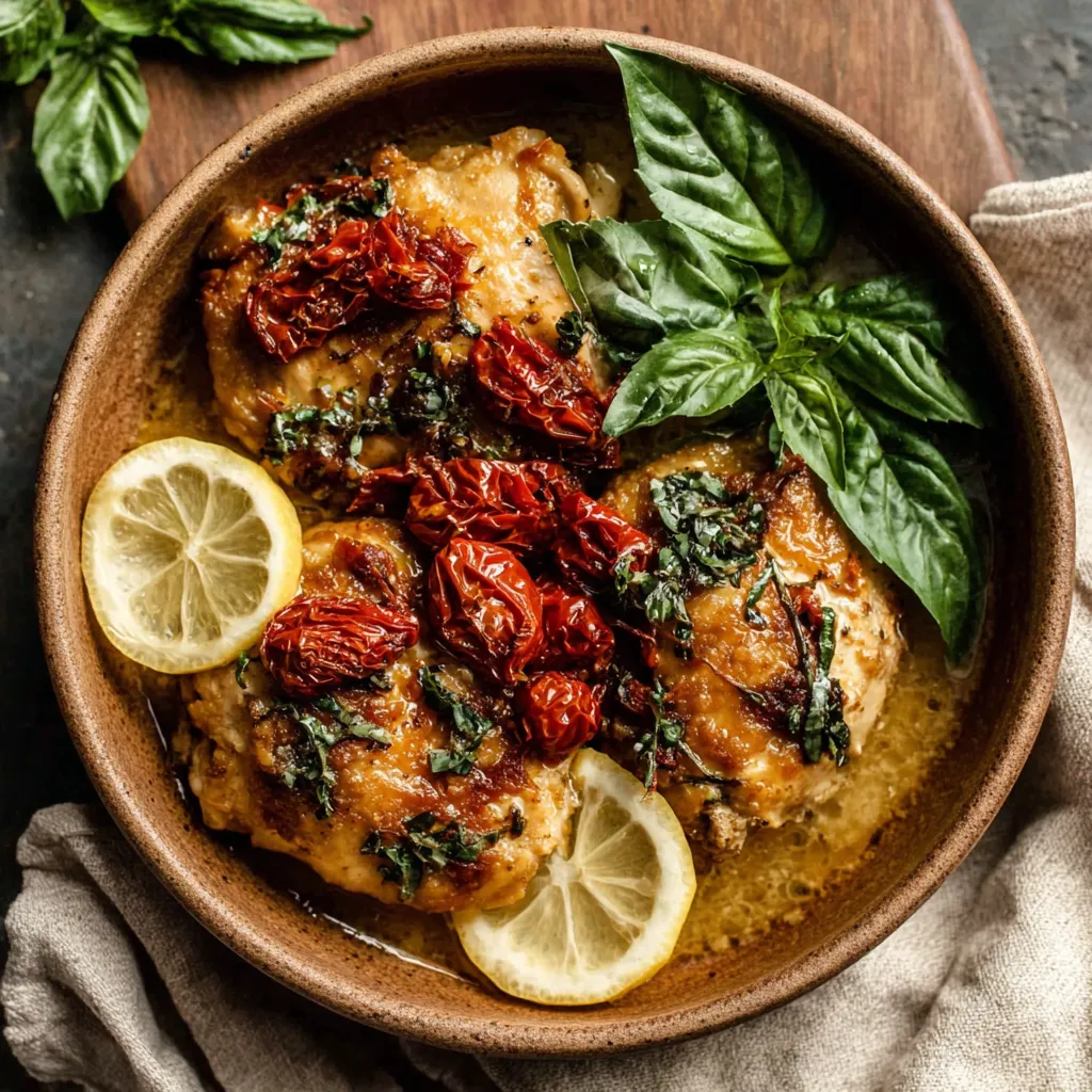A bowl of chicken with tomatoes and basil.