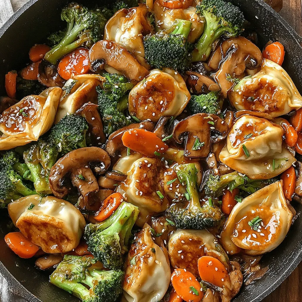 A potsticker stir fry with mushrooms and broccoli.
