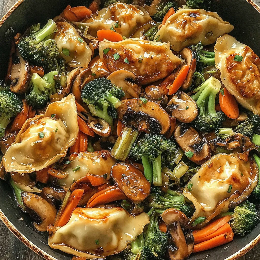 A potsticker stir fry with mushrooms, carrots, and broccoli.