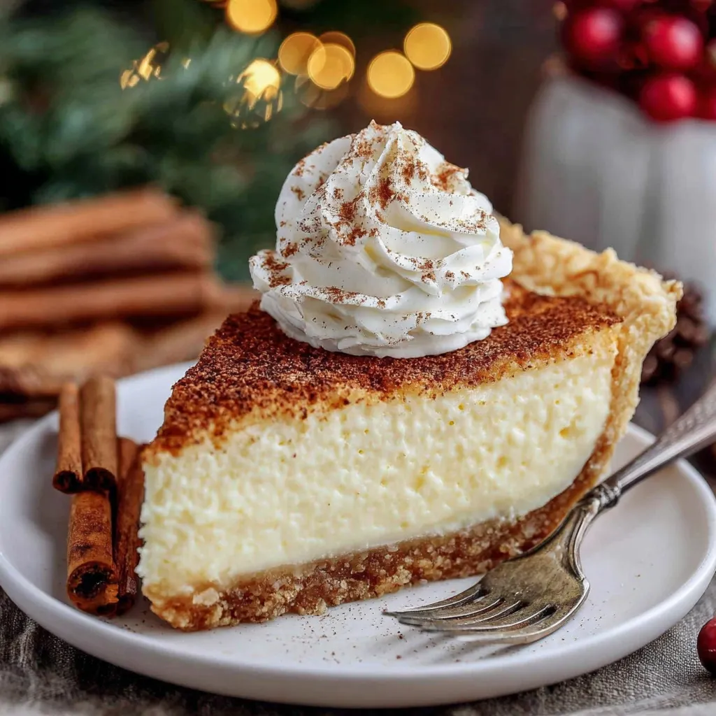 A slice of cinnamon-vanilla custard pie with whipped cream on top.