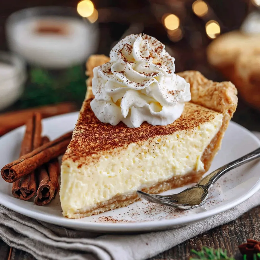 A slice of cinnamon-vanilla custard pie with whipped cream on top.