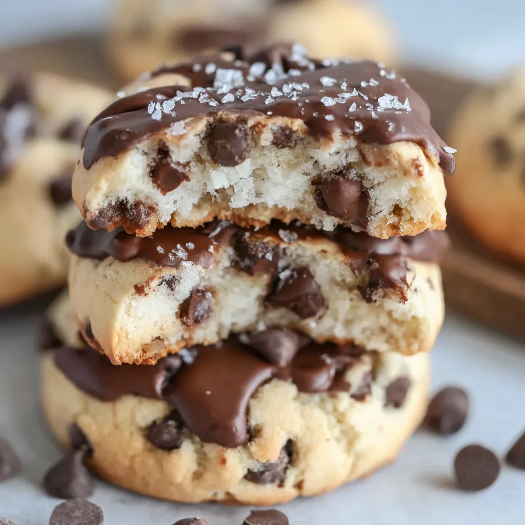 A stack of chocolate chip cookies with chocolate drizzled on top.