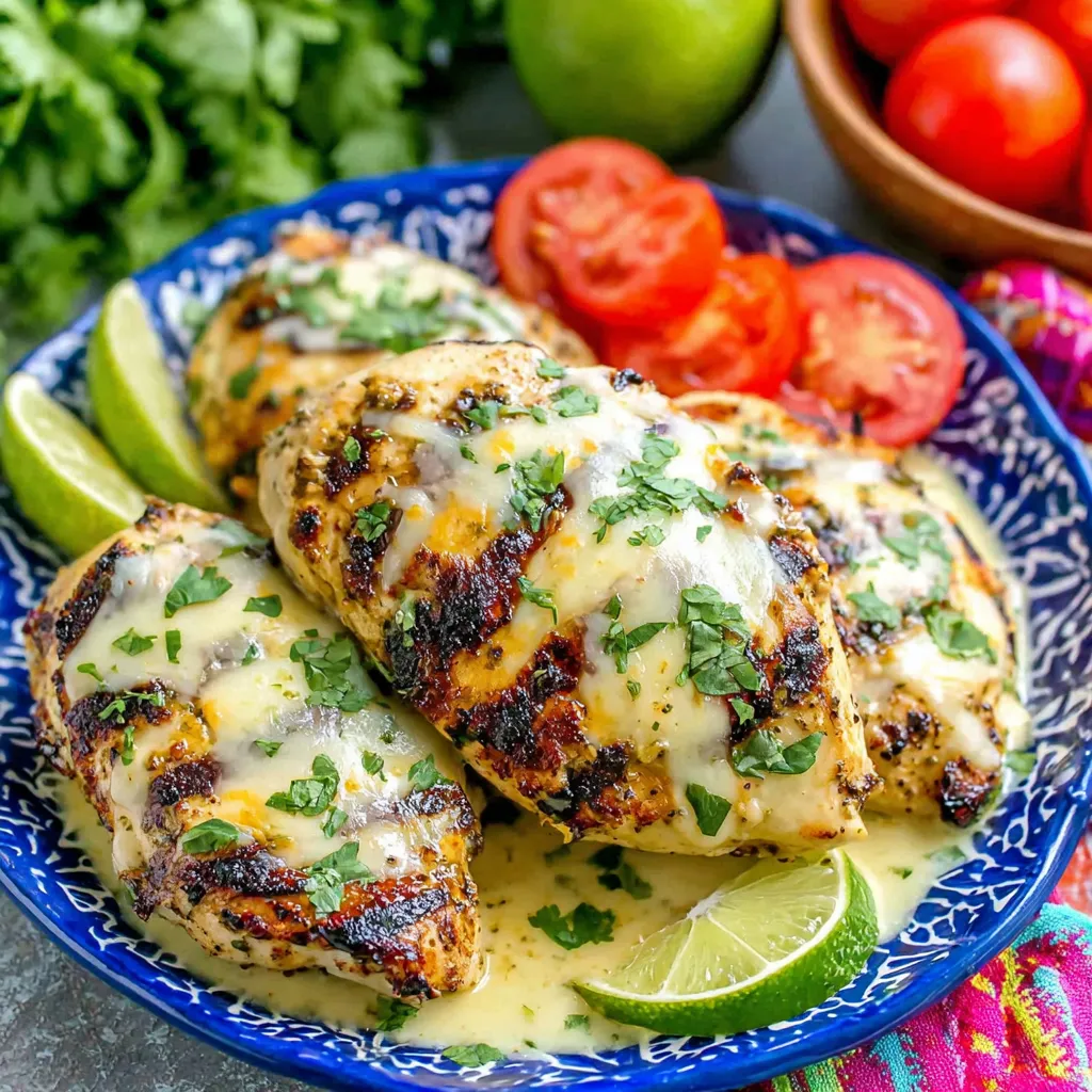 A plate of grilled salsa verde pepper jack chicken.