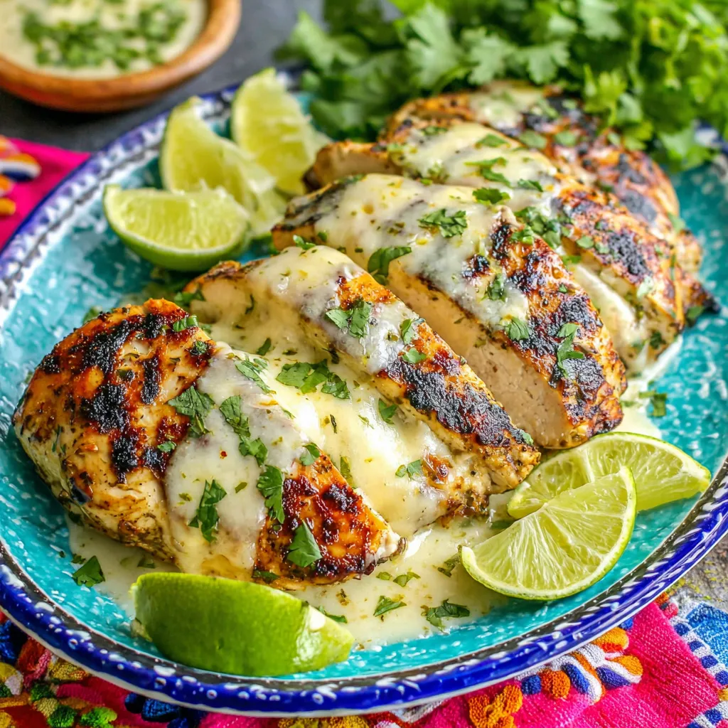 Grilled Salsa Verde Pepper Jack Chicken.
