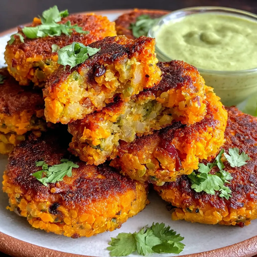A plate of crispy sweet potato and red lentil patties.