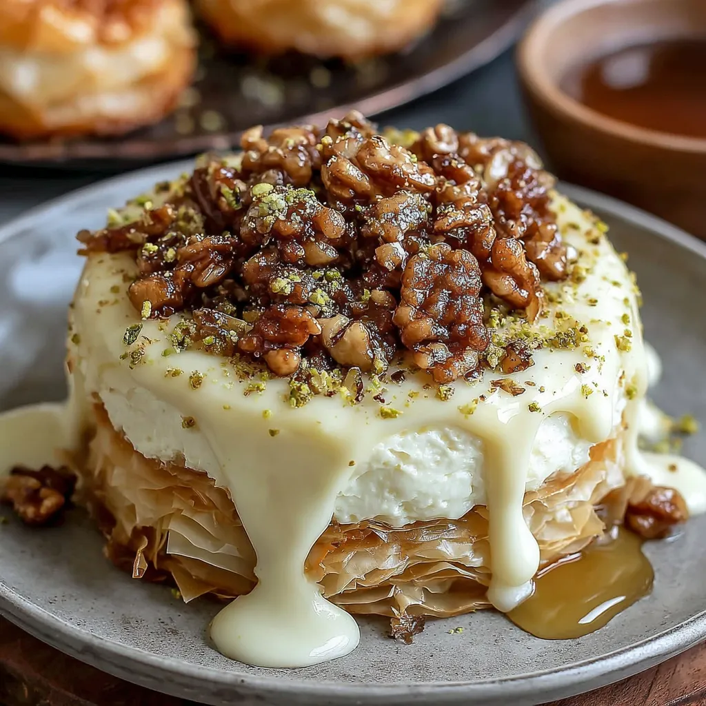 A slice of baklava cheesecake with walnuts on top.